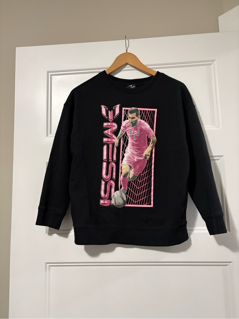 Kids Black Sweatshirt with Pink Soccer Graphic - Messi Design